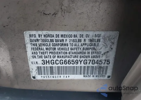 2000 Honda Accord 2.3 Lx z USA, uszkodzony, nr VIN 3HGCG6659YG704575
